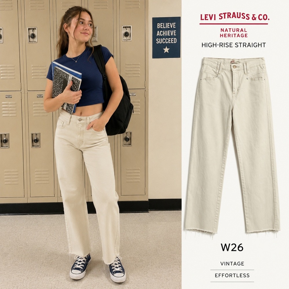 Signature Levi Strauss Heritage Straight Jeans Womens W26 Cream High Rise Scandi